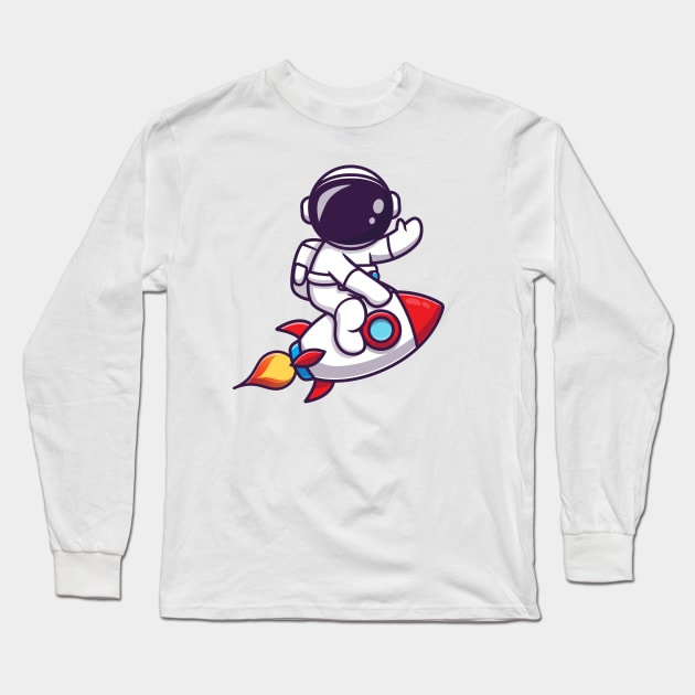 Cute Astronaut Riding Rocket And Waving Hand Cartoon Long Sleeve T-Shirt by Catalyst Labs